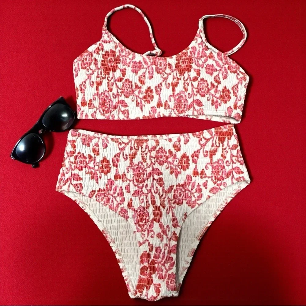 Adorable Girls Smocked Red & White Floral Bikini Set | Size 13Y | NWOT